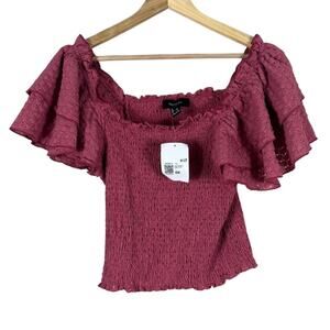 NWT Forever 21 Off Shoulder Top Womens 0X Mauve 100% Cotton Smocked Cottagecore